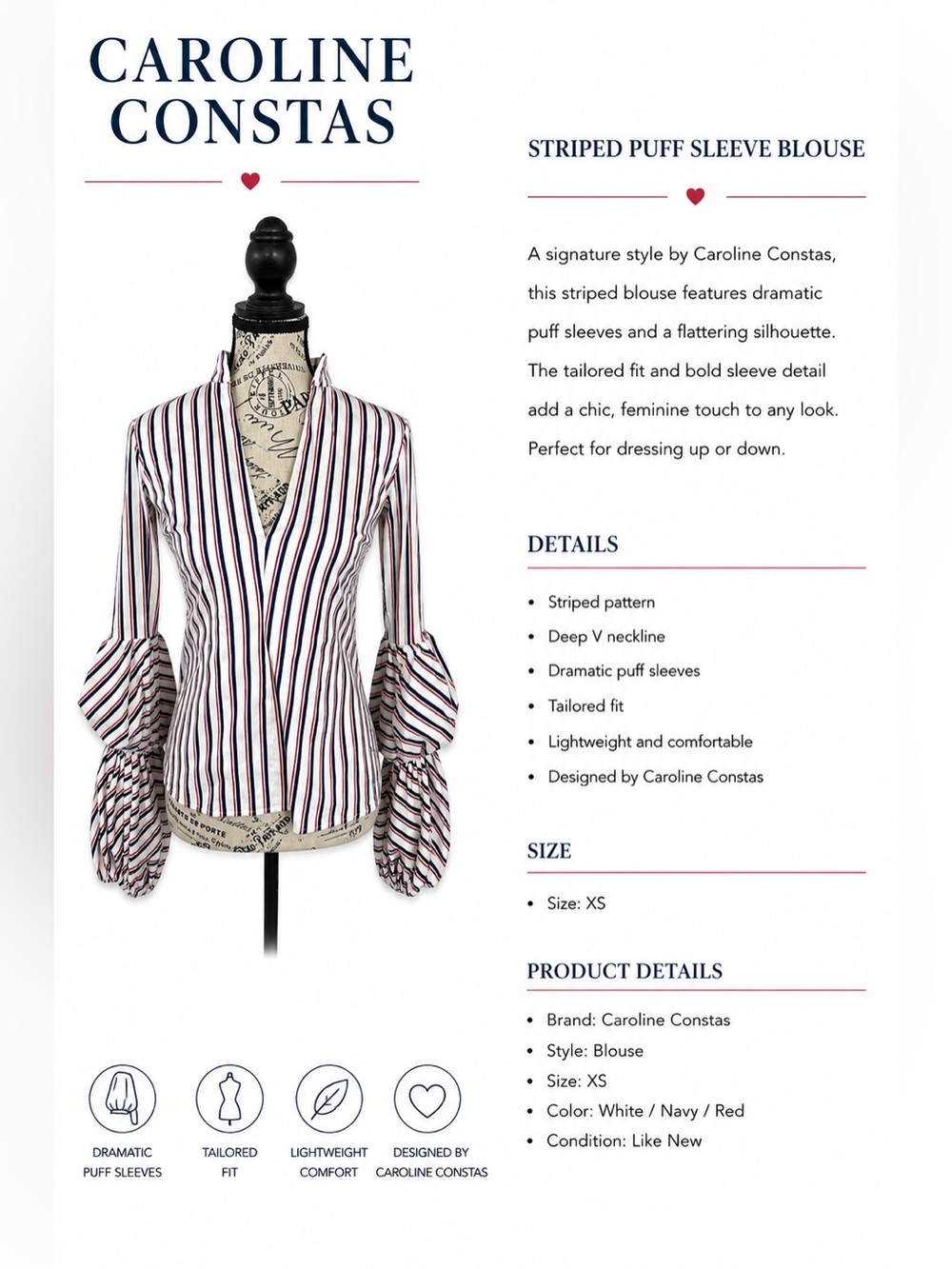Caroline Constas Navy Red White Striped Puff-Sleeve Blouse